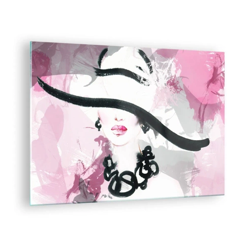 Schilderen op glas - Portret van een vrouw met een zwarte hoed op een roze achtergrond - 70x50cm - Portret van een dame in zwart en roze - Moderne wanddecoratie voor woonkamer en slaapkamer ARTTOR