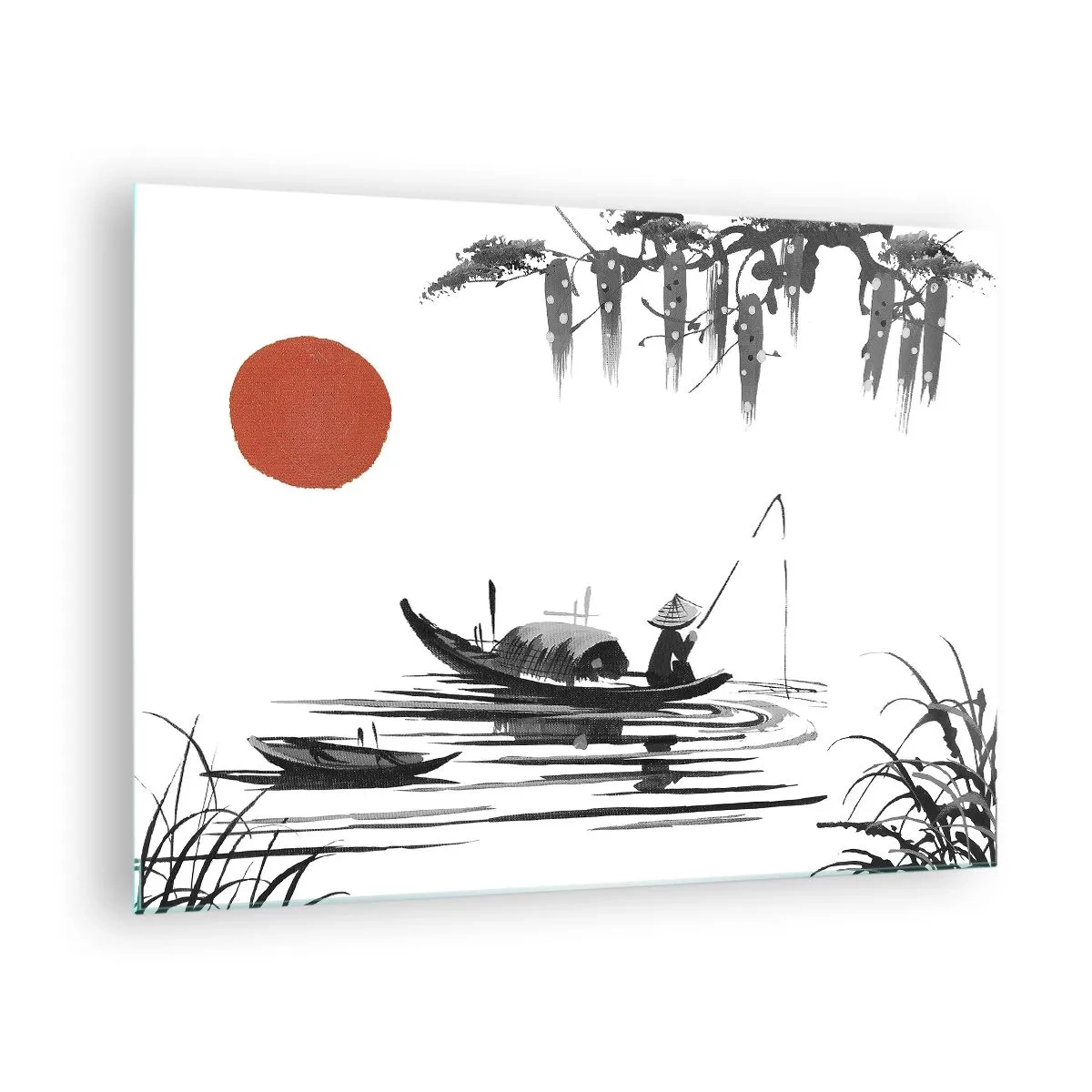 Schilderen op glas - Traditionele vissersboot op een rivier met een rode zon - 70x50cm - Aziatische middag - Moderne wanddecoratie voor woonkamer en slaapkamer ARTTOR