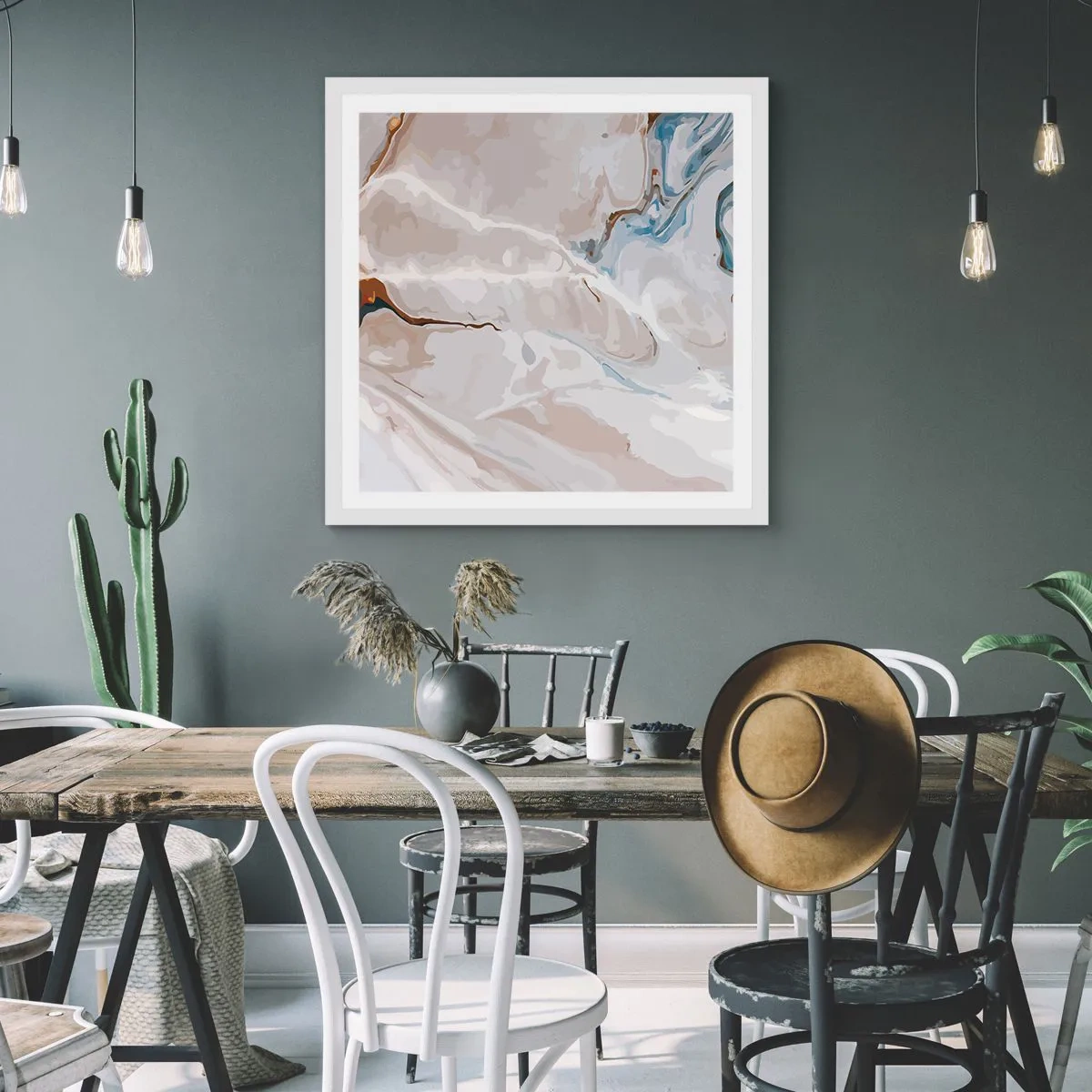 Poster in een witte lijst - Blauw kronkelt onder het wit - 60x60 cm