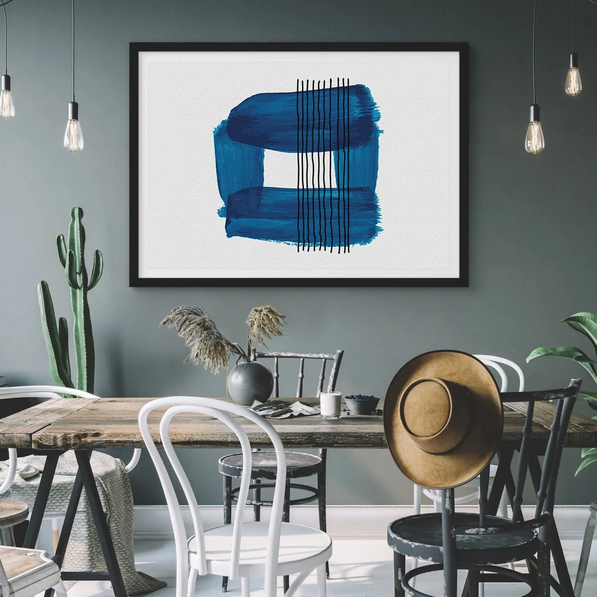 Poster in een zwarte lijst - Blauwe en zwarte compositie - 91x61 cm