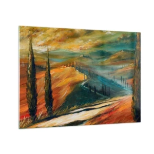Schilderen op glas - Zonsondergang over een Toscaanse heuvel - 70x50cm - Toscaans landschap - Moderne wanddecoratie voor woonkamer en slaapkamer ARTTOR
