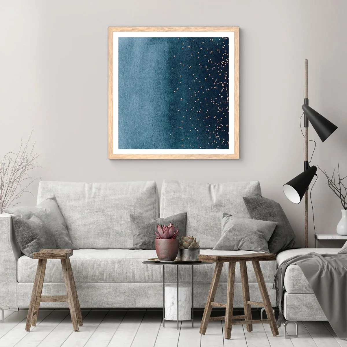 Een poster in een licht eiken lijst - Samenstelling - blauwe fasen - 60x60 cm