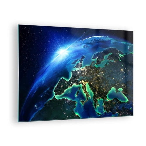 Schilderen op glas - Uitzicht op de aarde vanuit de ruimte met Europa die 's nachts oplicht - 70x50cm - Sprankelend Europa - Moderne wanddecoratie voor woonkamer en slaapkamer ARTTOR