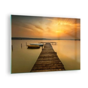 Schilderen op glas - Pier op het meer bij zonsondergang met een boot - 70x50cm - Ik zal de gouden hemel voor je openen - Moderne wanddecoratie voor woonkamer en slaapkamer ARTTOR