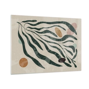 Schilderen op glas - Organische vormen in groen op een beige achtergrond - 70x50cm - Tussen het groen - Moderne wanddecoratie voor woonkamer en slaapkamer ARTTOR