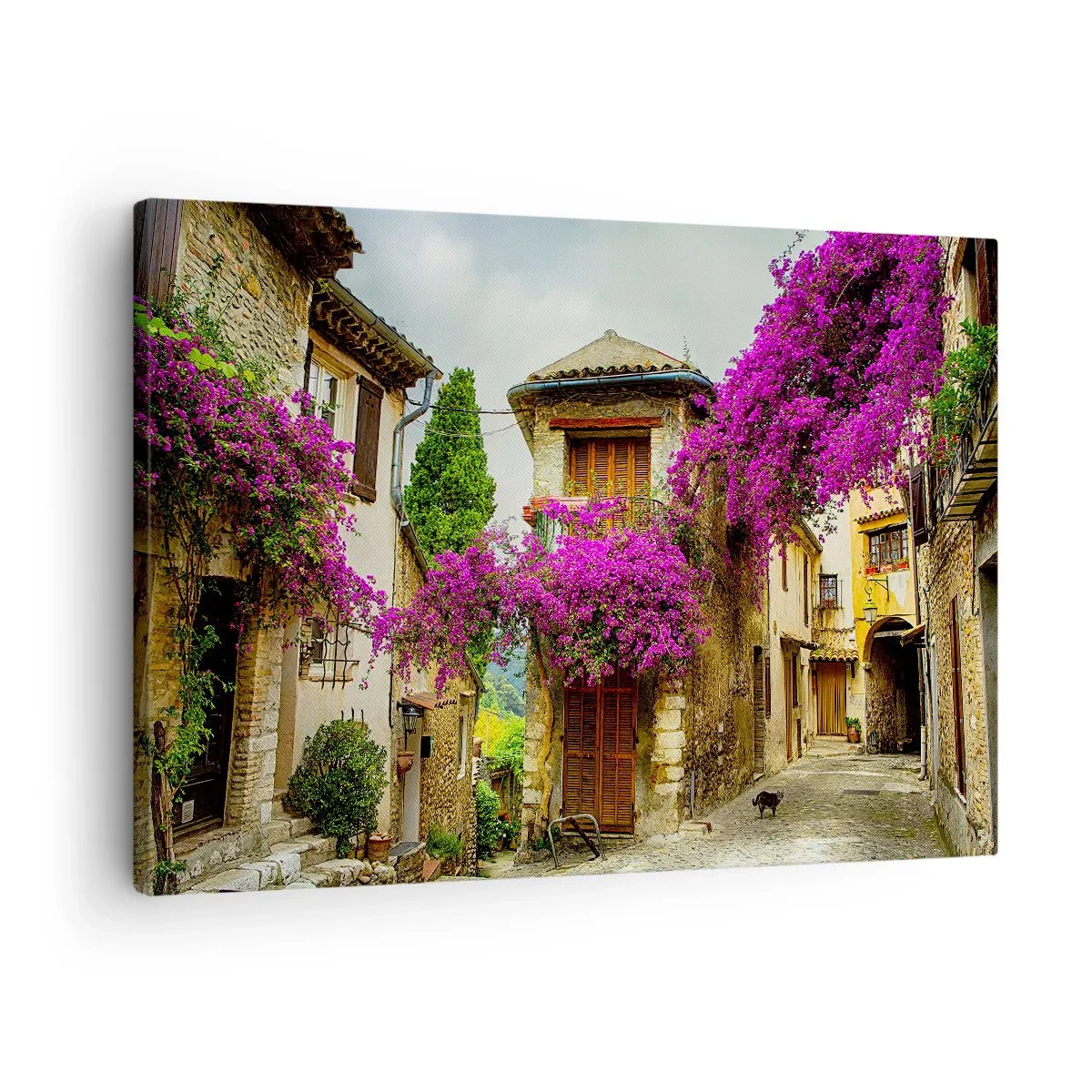 Schilderen op canvas - Een stenen straat met roze bloemen en huizen - 70x50cm - Onder een bloemenluifel - Moderne wanddecoratie voor woonkamer en slaapkamer ARTTOR