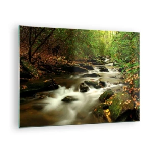Schilderen op glas - Een beek in het bos, omgeven door stenen en bladeren - 70x50cm - Zoals vloeibaar zilver - Moderne wanddecoratie voor woonkamer en slaapkamer ARTTOR