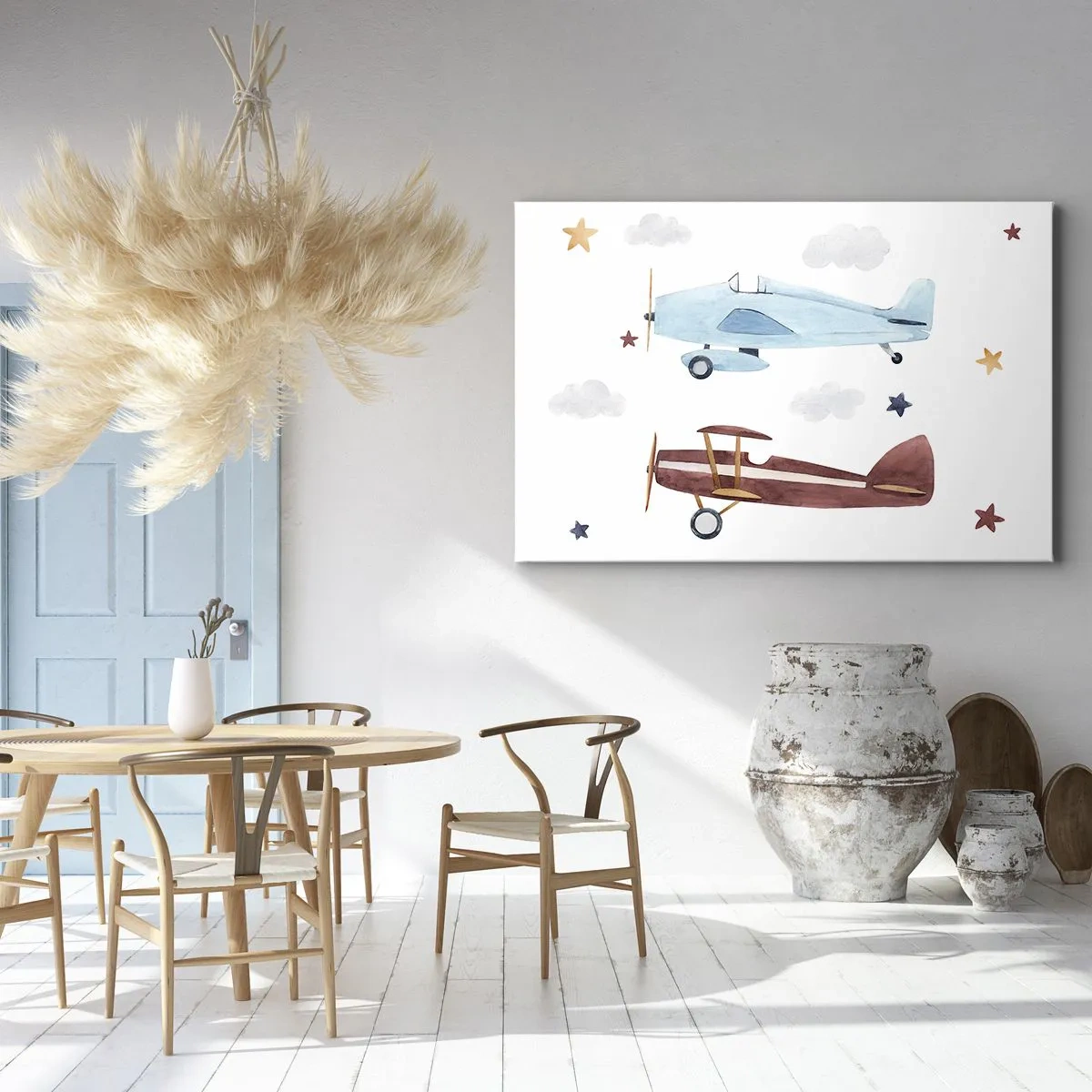 Schilderen op canvas - Met de hand beschilderde vliegtuigen tegen een achtergrond van wolken en sterren - 70x50cm - Meneer Piloot, we wachten! - Moderne wanddecoratie voor woonkamer en slaapkamer ARTTOR