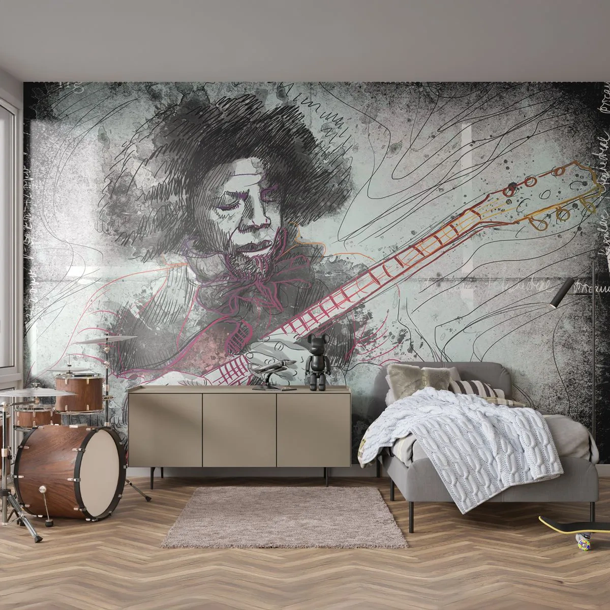 Zelfklevend Fotobehang Deluxe Sticker - Op de golven van muziek - Muziek, Gitarist, Instrument - 250x175 cm
