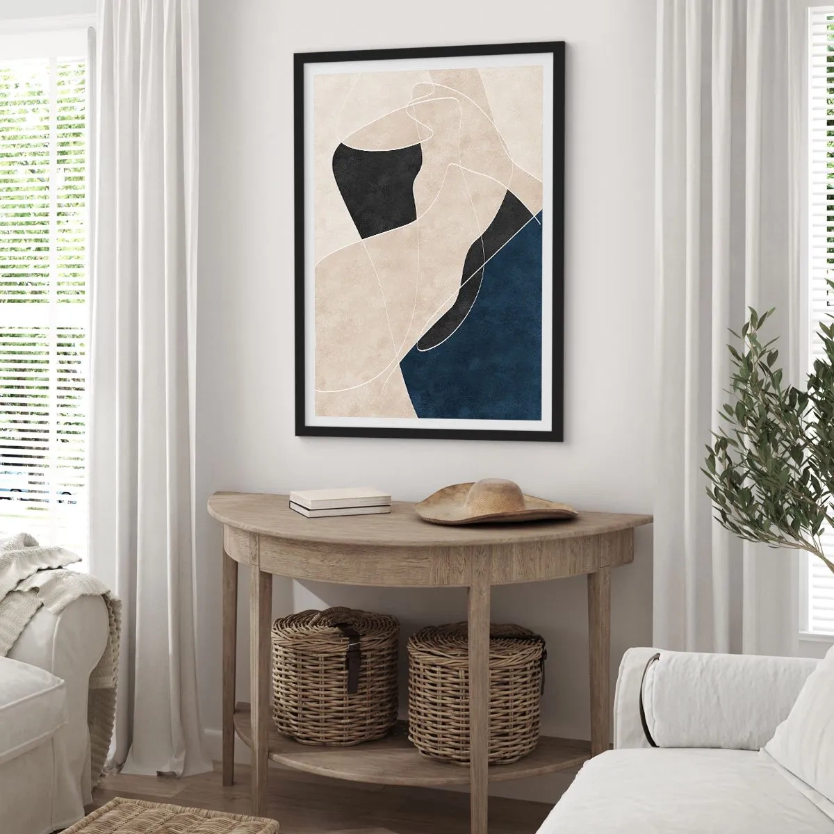 Poster in een zwarte lijst - Geometrische abstractie in tinten beige, zwart en marineblauw - 50x70cm - Abstracte compositie – kleurcontrast - Moderne wanddecoratie voor woonkamer en slaapkamer ARTTOR