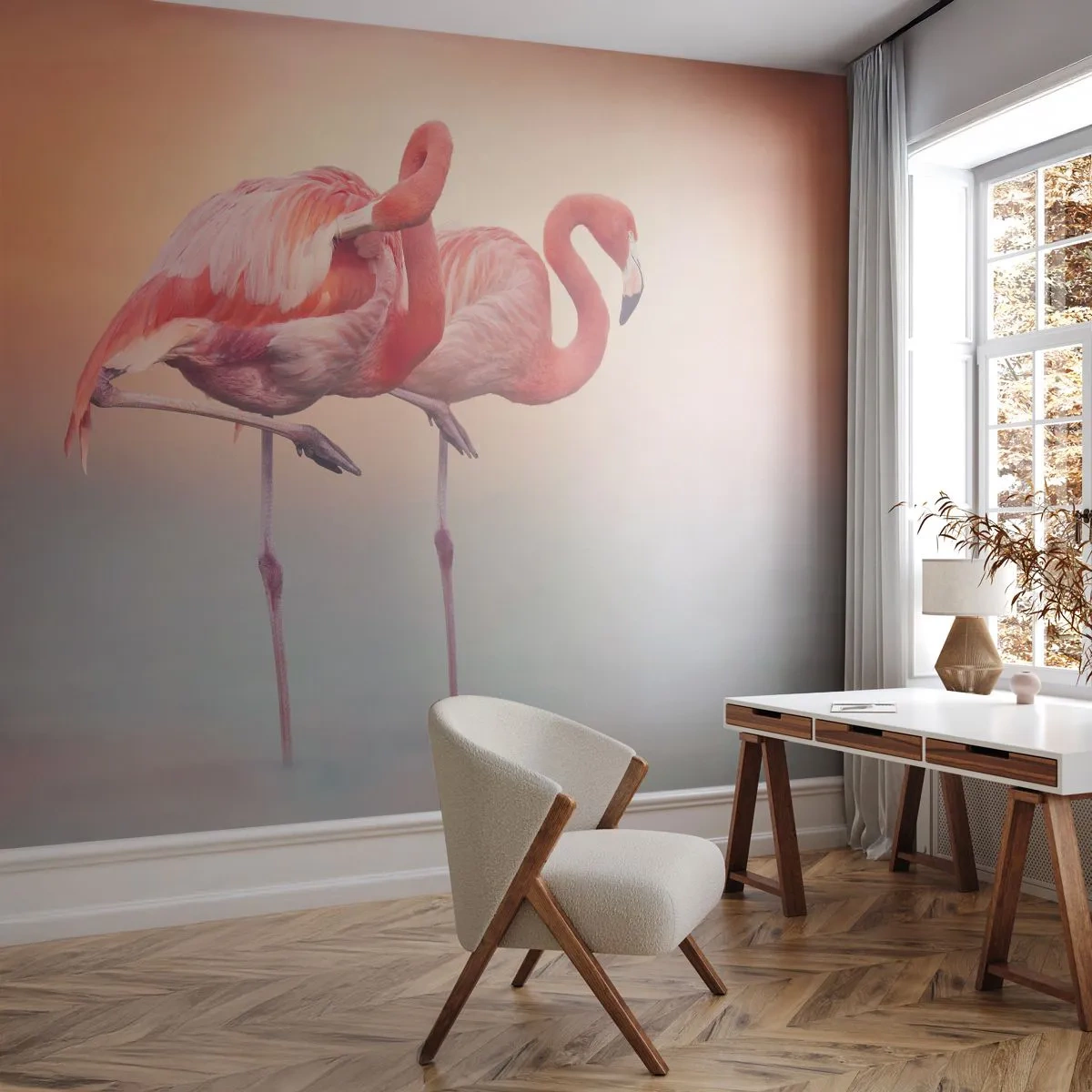 Fotobehang Premium Sand - De kleur van de ondergaande zon - Flamingo's, Vogels, Natuur - 300x210 cm
