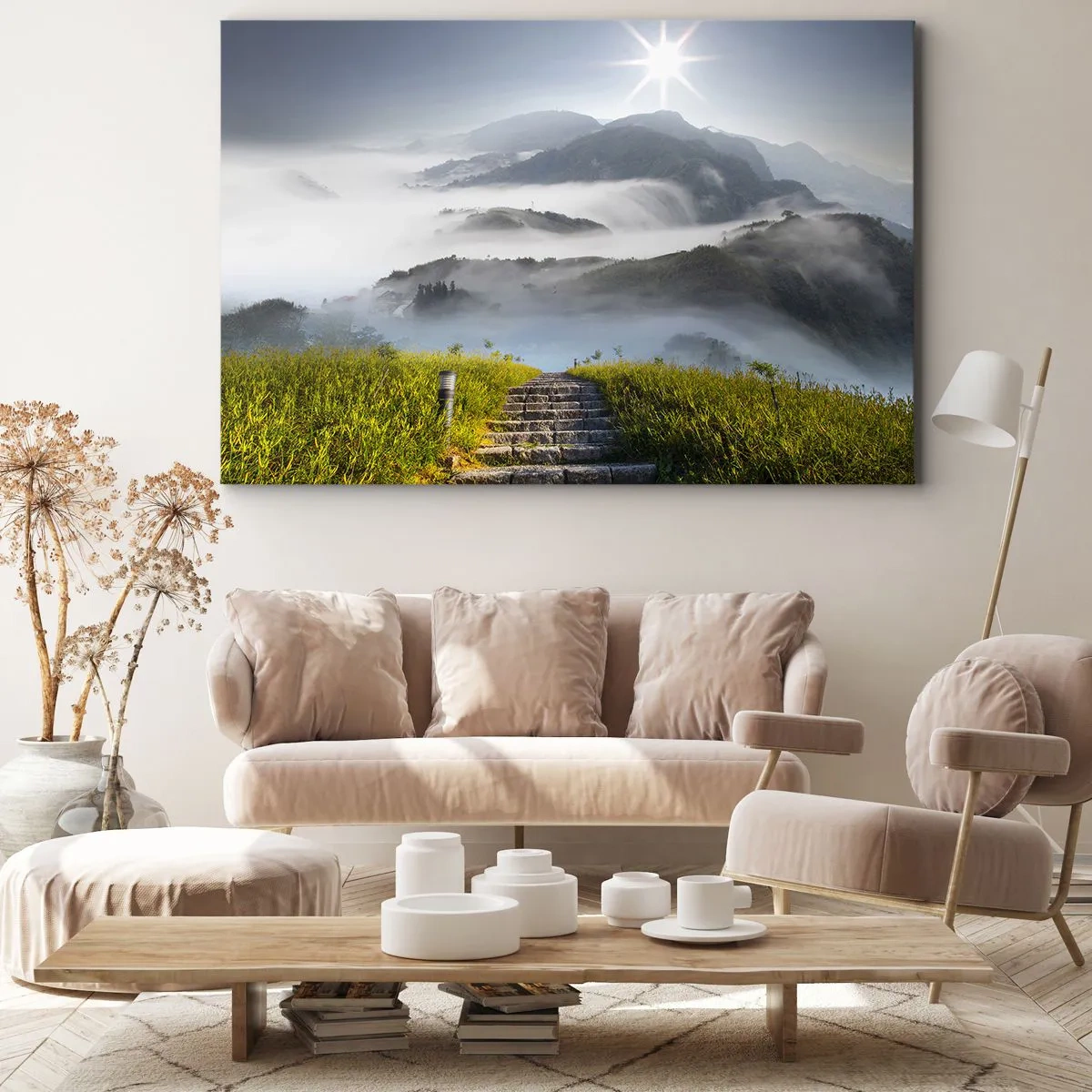 Schilderen op canvas - Stenen trappen die omhoog leiden door de bergen gehuld in ochtendmist - 70x50cm - Nog steeds tot in de wolken - Moderne wanddecoratie voor woonkamer en slaapkamer ARTTOR
