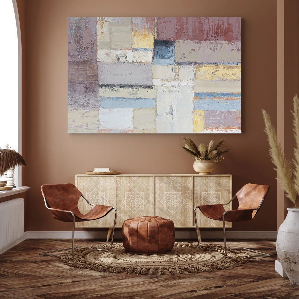 Schilderen op canvas - Geometrische compositie in pastelkleuren - 70x50cm - De rust van geometrie - Moderne wanddecoratie voor woonkamer en slaapkamer ARTTOR