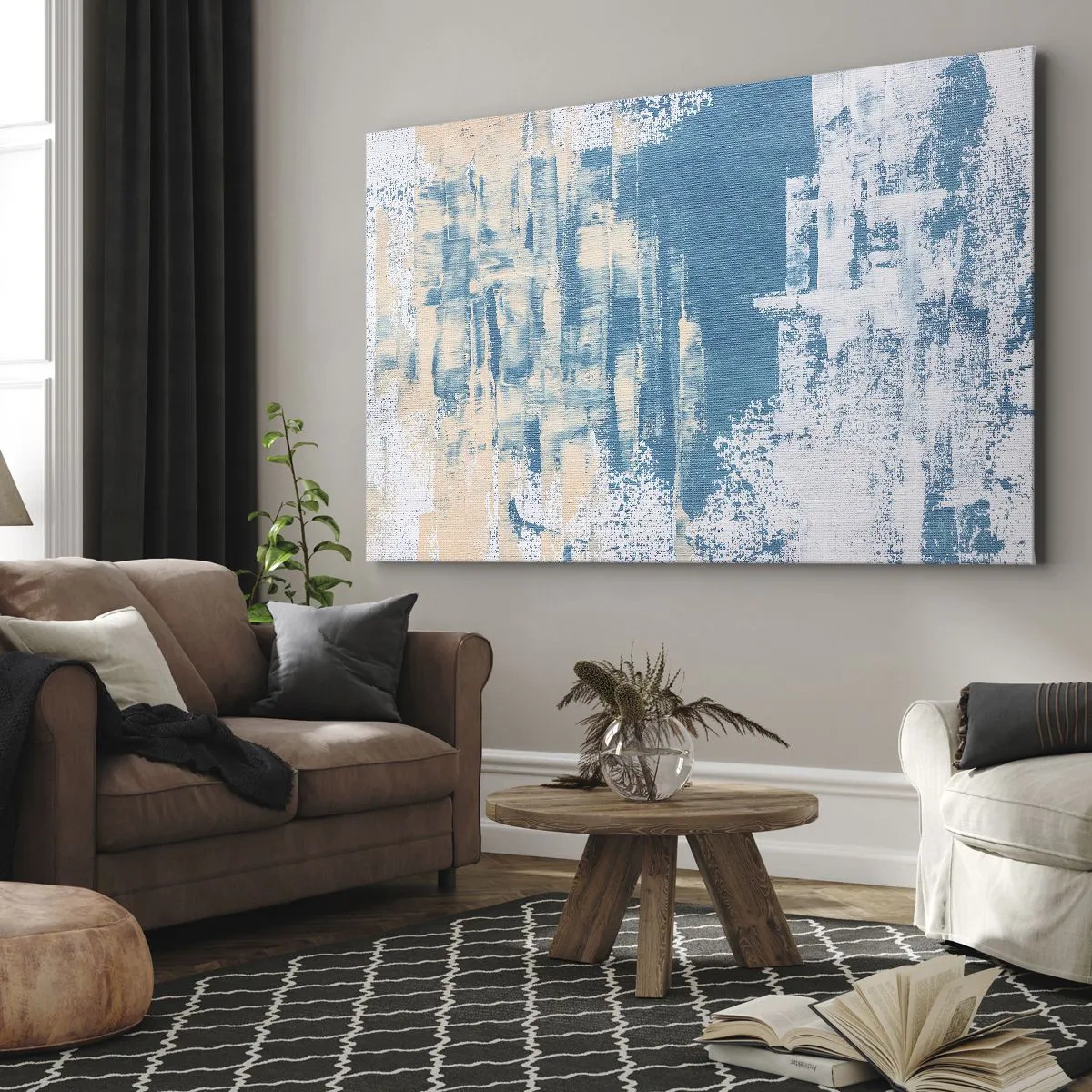 Schilderen op canvas - Abstracte compositie in tinten blauw en wit - 70x50cm - Door een ijspegel - Moderne wanddecoratie voor woonkamer en slaapkamer ARTTOR