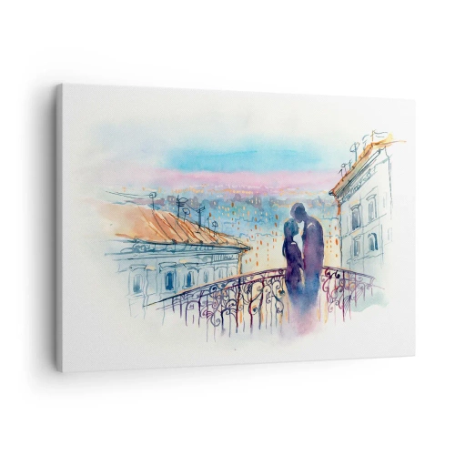 Schilderen op canvas - Romantisch stel op een balkon met uitzicht op de stad - 70x50cm - Parijs liefhebbers - Moderne wanddecoratie voor woonkamer en slaapkamer ARTTOR