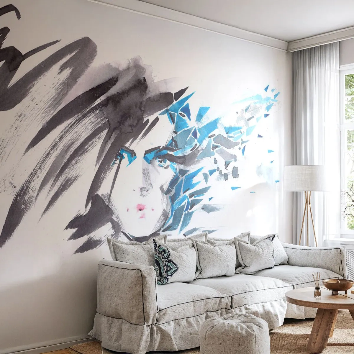 Zelfklevend Fotobehang Deluxe Sticker - Sensueel portret in grijs en blauw - Vrouw, Het gezicht van de vrouw, Abstractie - 250x175 cm