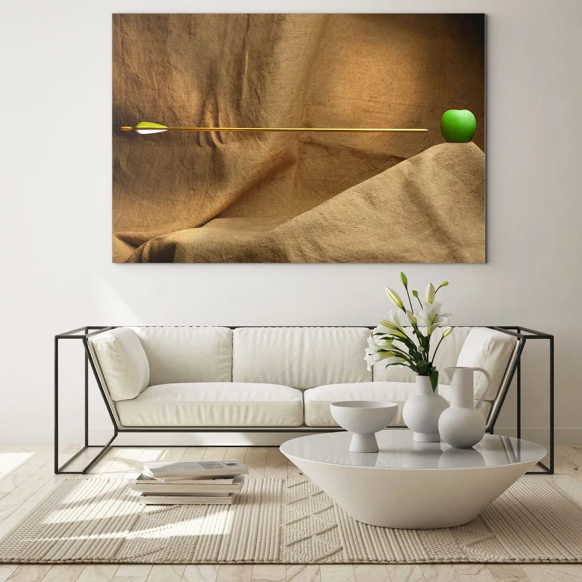 Schilderen op glas - Een groene appel op een beige achtergrond met een pijl die erin steekt. - 70x50cm - Roep de geest van William Tell op - Moderne wanddecoratie voor woonkamer en slaapkamer ARTTOR