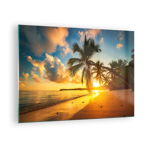 Schilderen op glas - Tropisch strand met palmbomen bij zonsondergang - 70x50cm - Caribische droom - Moderne wanddecoratie voor woonkamer en slaapkamer ARTTOR
