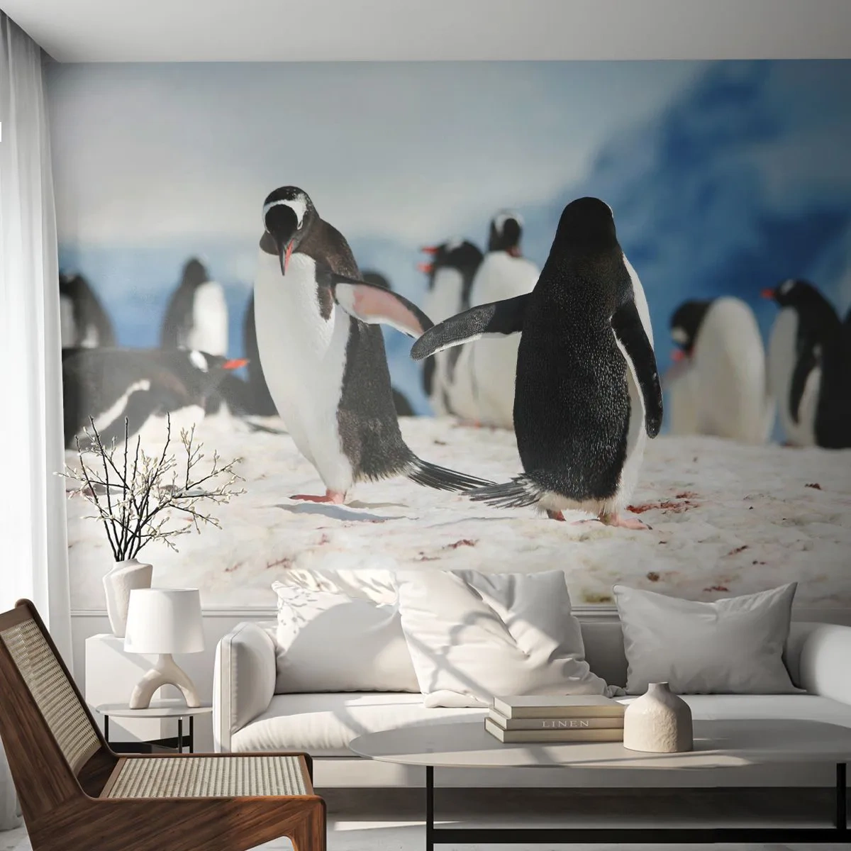 Fotobehang Premium Canvas - Dansen in de sneeuw - pinguïn, Antarctica, Landschap - 400x280 cm