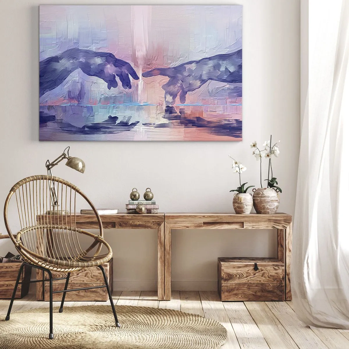 Schilderen op canvas - Symbolische handen in abstracte kleuren, verwijzend naar het thema van de schepping - 70x50cm - Goddelijke levensvonk - Moderne wanddecoratie voor woonkamer en slaapkamer ARTTOR
