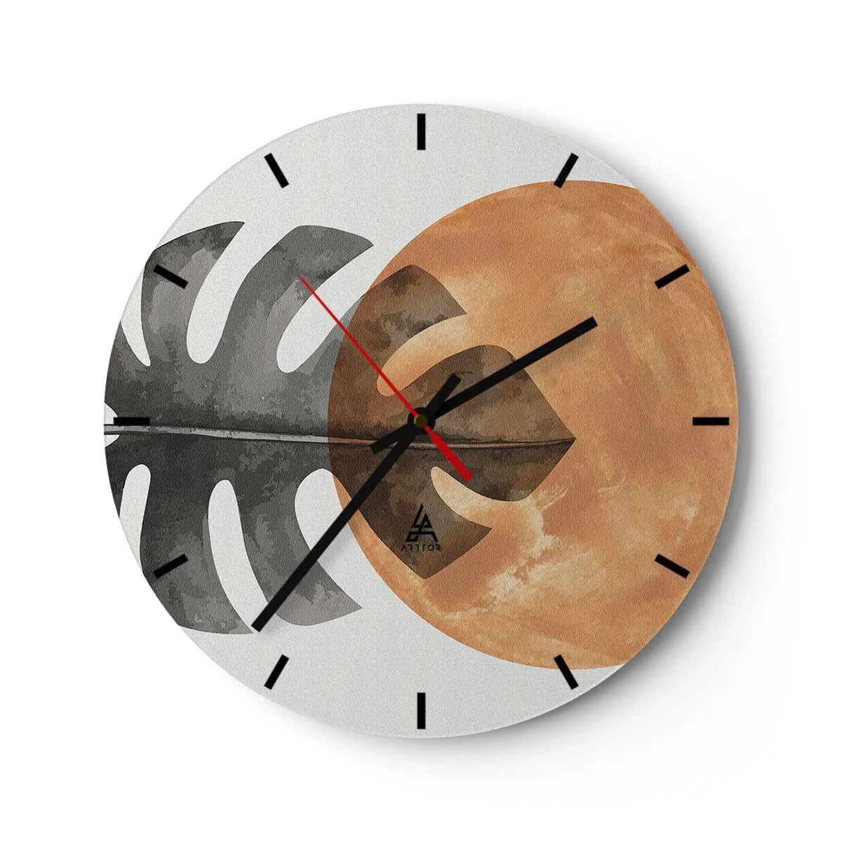 Wandklok - Klok - Een monsterablad tegen een grote oranje cirkel als de zon - 30x30cm - Altijd de zon - Moderne wanddecoratie voor woonkamer, keuken en slaapkamer ARTTOR