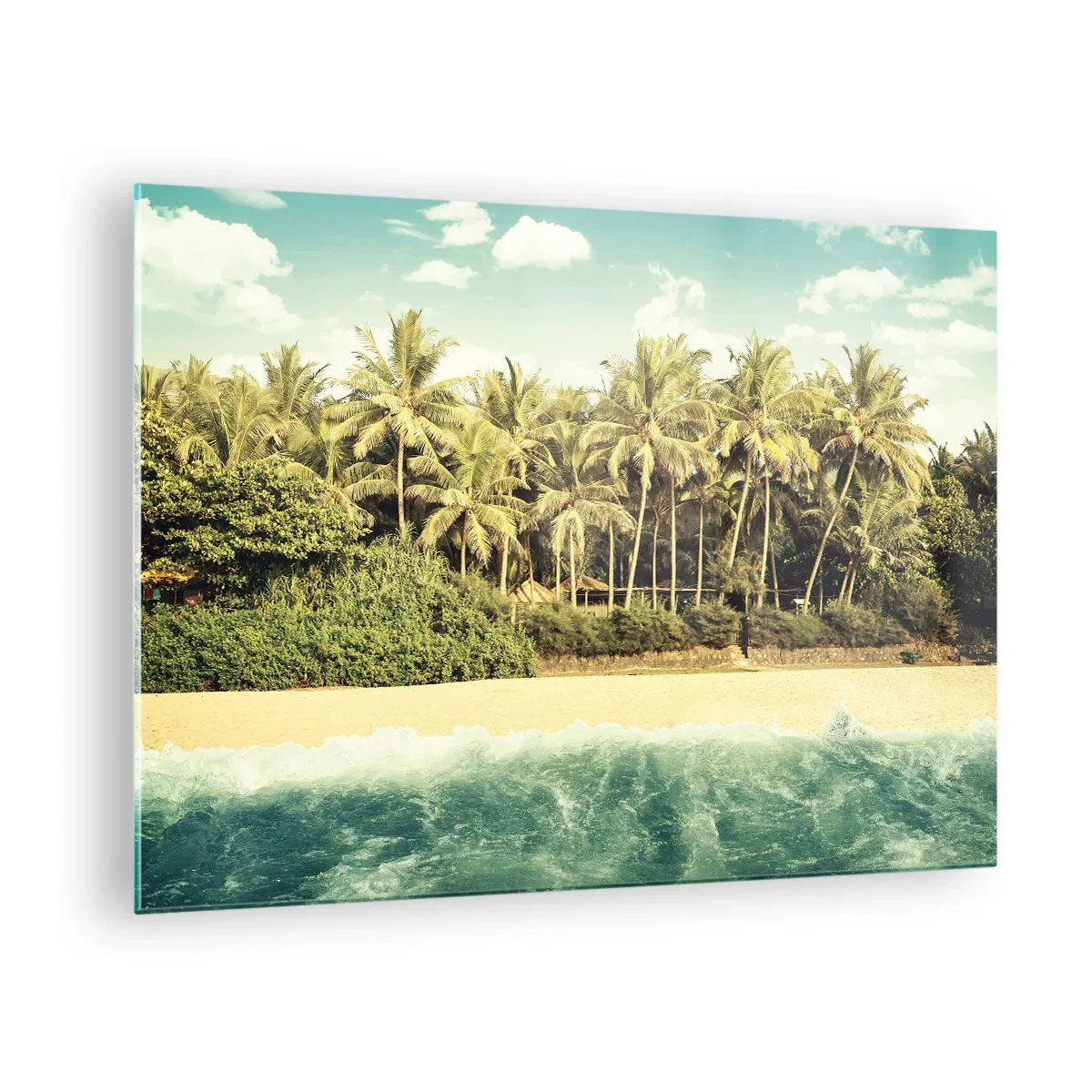 Schilderen op glas - Een exotisch strand met palmbomen en een turquoise zee op een zonnige dag - 70x50cm - Hoe zit het hier? - Moderne wanddecoratie voor woonkamer en slaapkamer ARTTOR