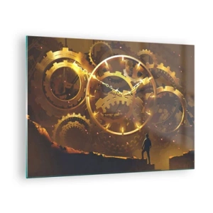 Schilderen op glas - Gouden steampunk-tandwielen met achtergrondverlichting tegen een menselijk silhouet - 70x50cm - Aan de bron van de tijd - Moderne wanddecoratie voor woonkamer en slaapkamer ARTTOR