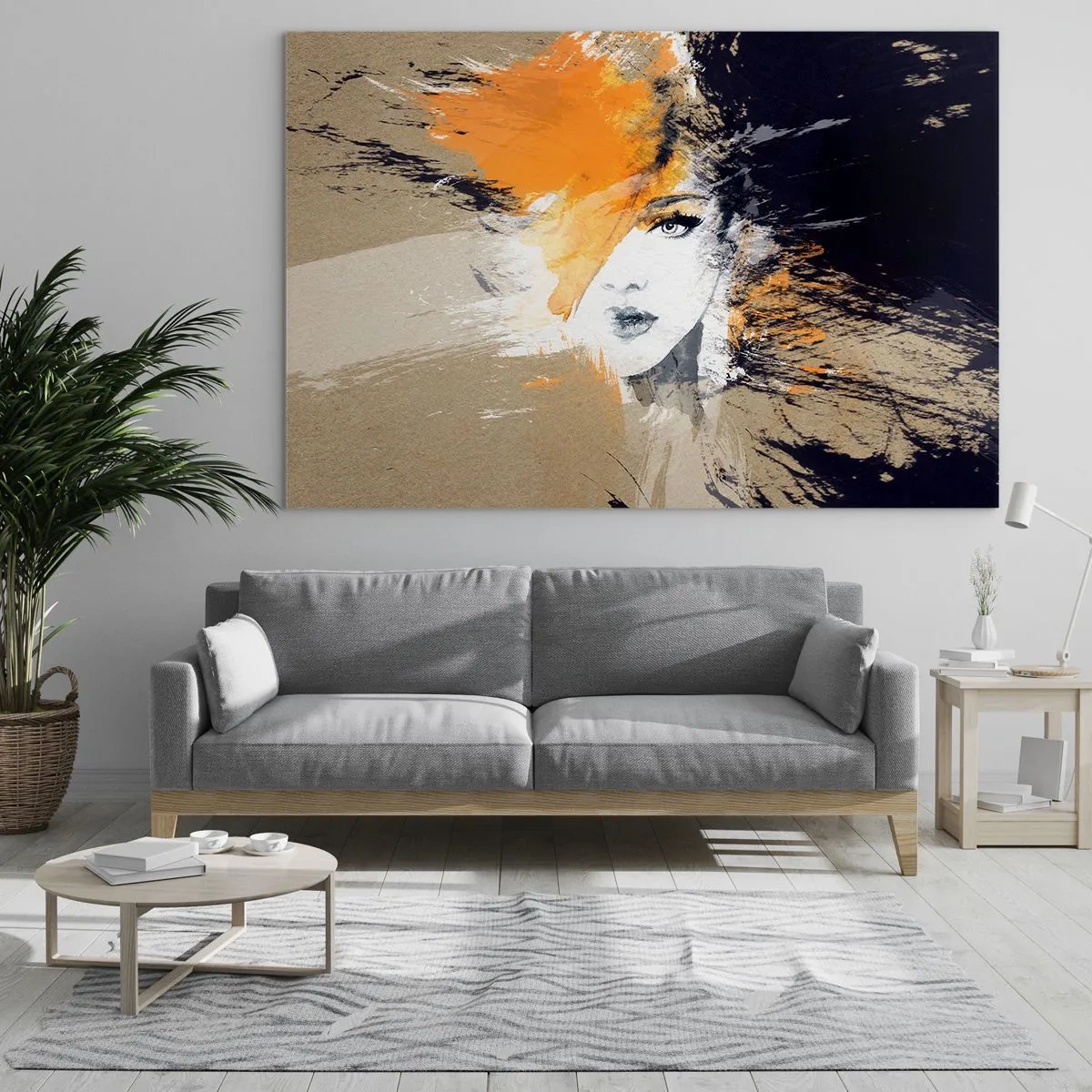 Schilderen op glas - Abstract portret van een vrouw met oranje accenten - 70x50cm - En er is licht - Moderne wanddecoratie voor woonkamer en slaapkamer ARTTOR