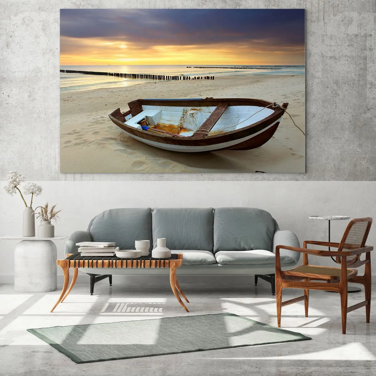 Schilderen op glas - Een boot op een zandstrand bij zonsopgang - 70x50cm - Er zijn geen mooiere stranden meer - Moderne wanddecoratie voor woonkamer en slaapkamer ARTTOR