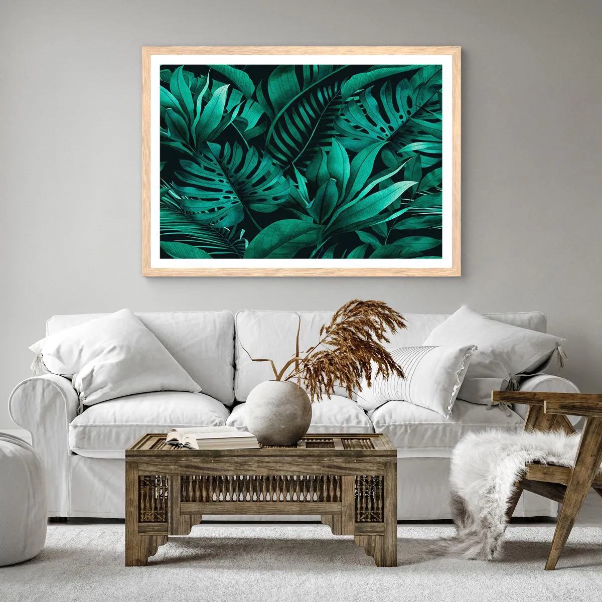 Een poster in een licht eiken lijst - De diepte van tropisch groen - 100x70 cm