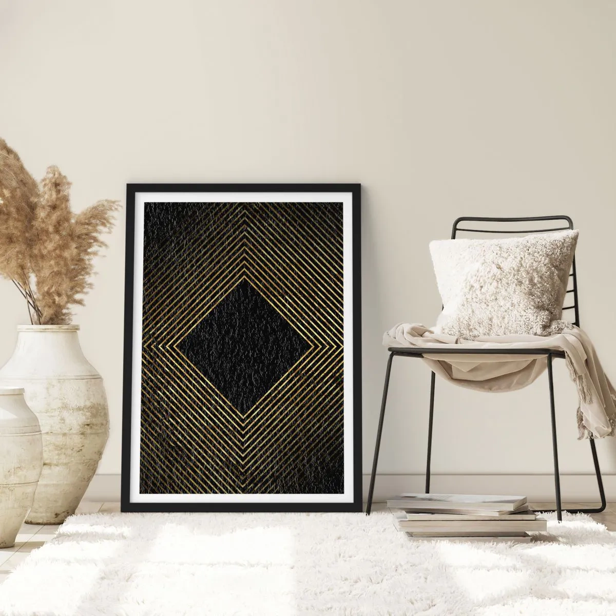 Poster in een zwarte lijst - Gouden geometrische lijnen op een zwarte achtergrond - 50x70cm - Geometrie in glamoureuze stijl - Moderne wanddecoratie voor woonkamer en slaapkamer ARTTOR