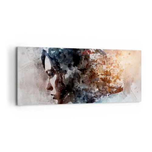 Schilderen op canvas - Een verhaal over een meisje met een stad op de achtergrond - 100x40 cm