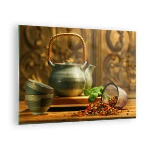 Schilderen op glas - Keramiek theeservies met kruiden in een klassieke decoratie - 70x50cm - Verhandeling over het drinken van thee - Moderne wanddecoratie voor woonkamer en slaapkamer ARTTOR
