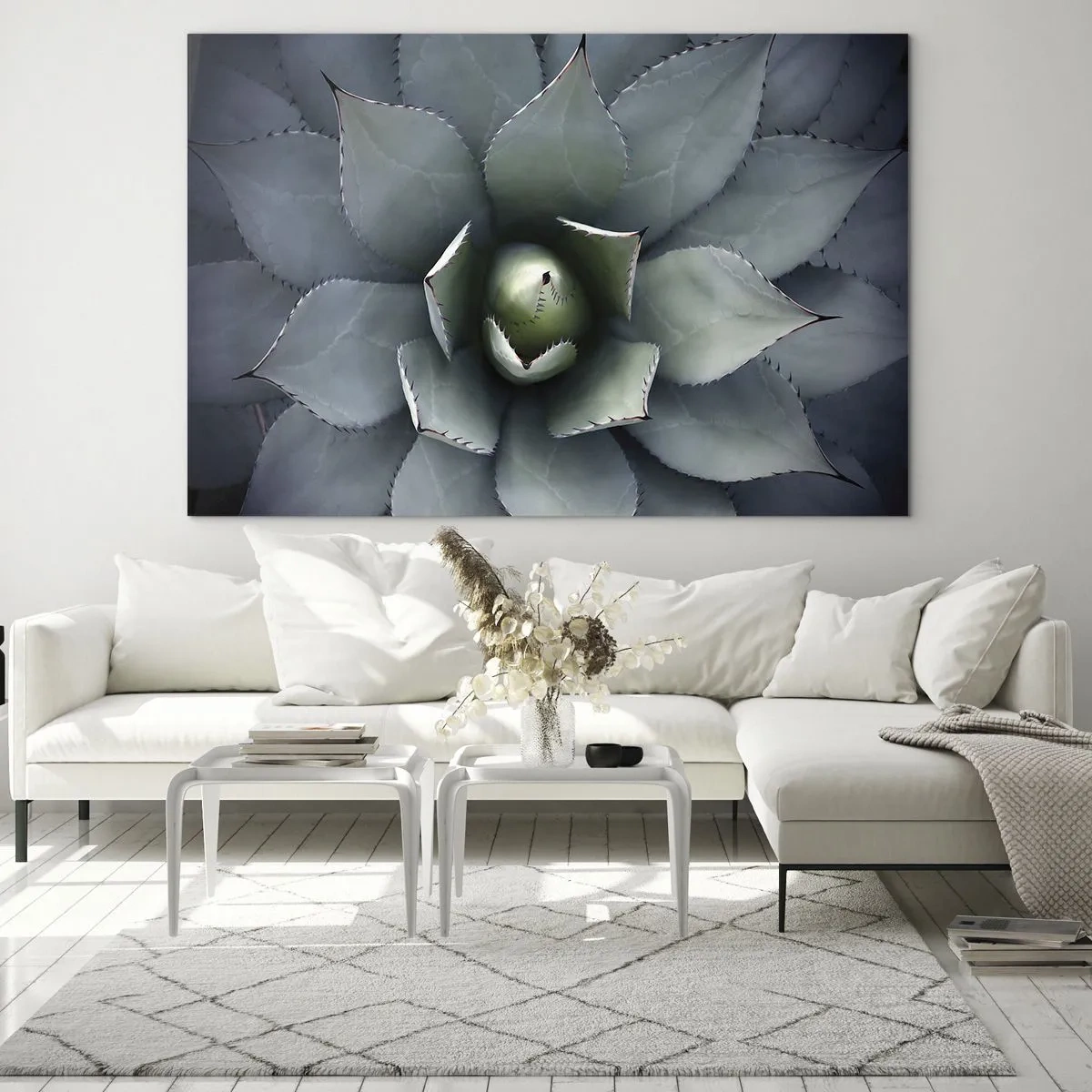 Schilderen op glas - Een close-up van de symmetrische, staalkleurige agavebladeren. - 70x50cm - Het trekt aan en waarschuwt - Moderne wanddecoratie voor woonkamer en slaapkamer ARTTOR