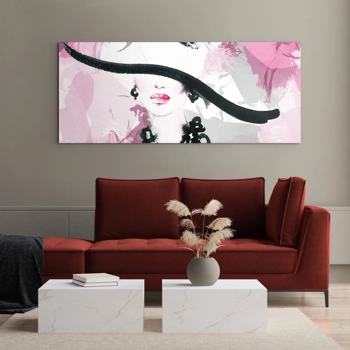Schilderen op glas - Portret van een dame in zwart en roze - 120x50 cm