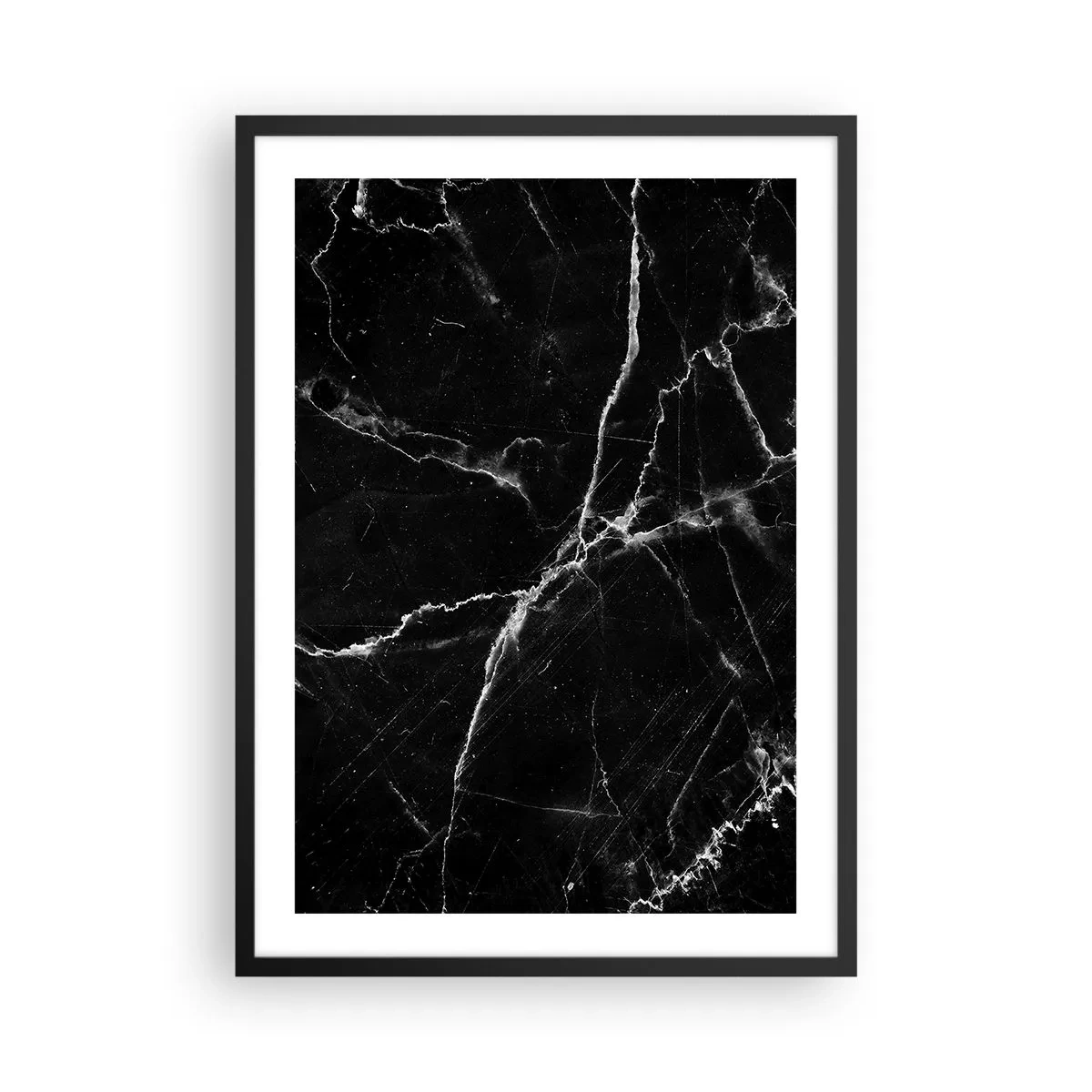 Poster in een zwarte lijst - Zwarte marmeren achtergrond met witte scheuren - 50x70cm - Het geheime leven van steen - Moderne wanddecoratie voor woonkamer en slaapkamer ARTTOR