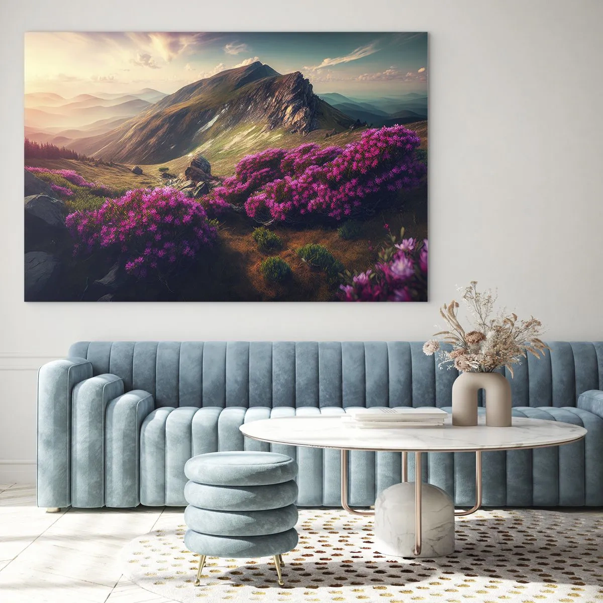 Schilderen op glas - Zomers berglandschap met bloeiende roze heide - 70x50cm - Zomer in de bergen - Moderne wanddecoratie voor woonkamer en slaapkamer ARTTOR