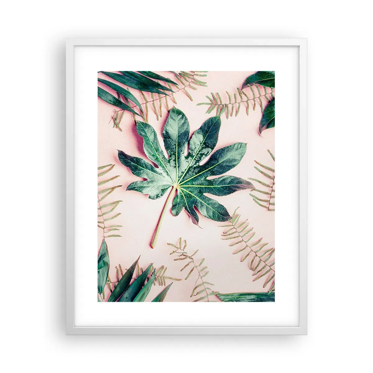 Poster in een witte lijst - Een studie van groen op een roze achtergrond - 40x50 cm