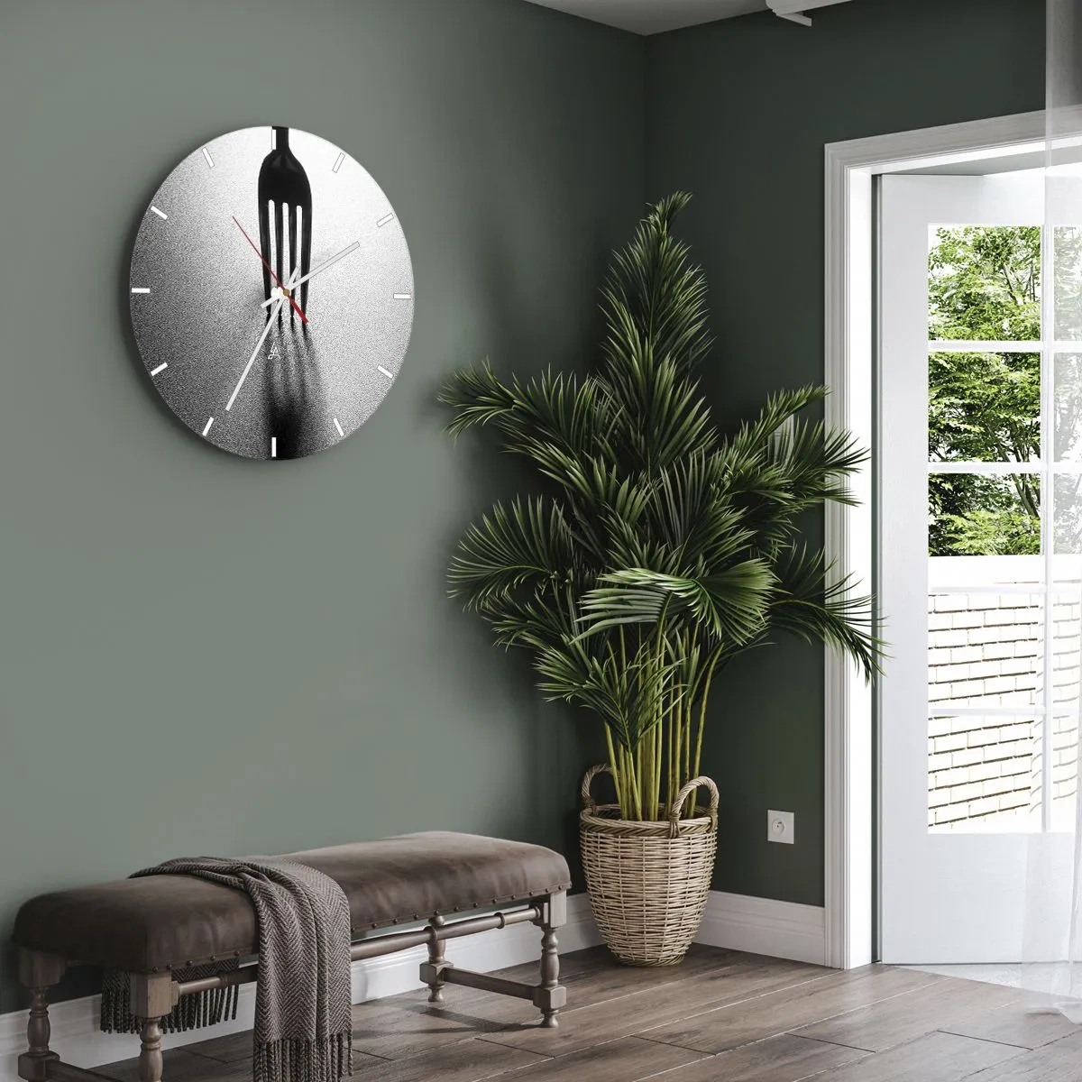 Wandklok - Klok - Zwarte vork op een zilveren achtergrond met een schaduw - 30x30cm - Licht en schaduw - Moderne wanddecoratie voor woonkamer, keuken en slaapkamer ARTTOR