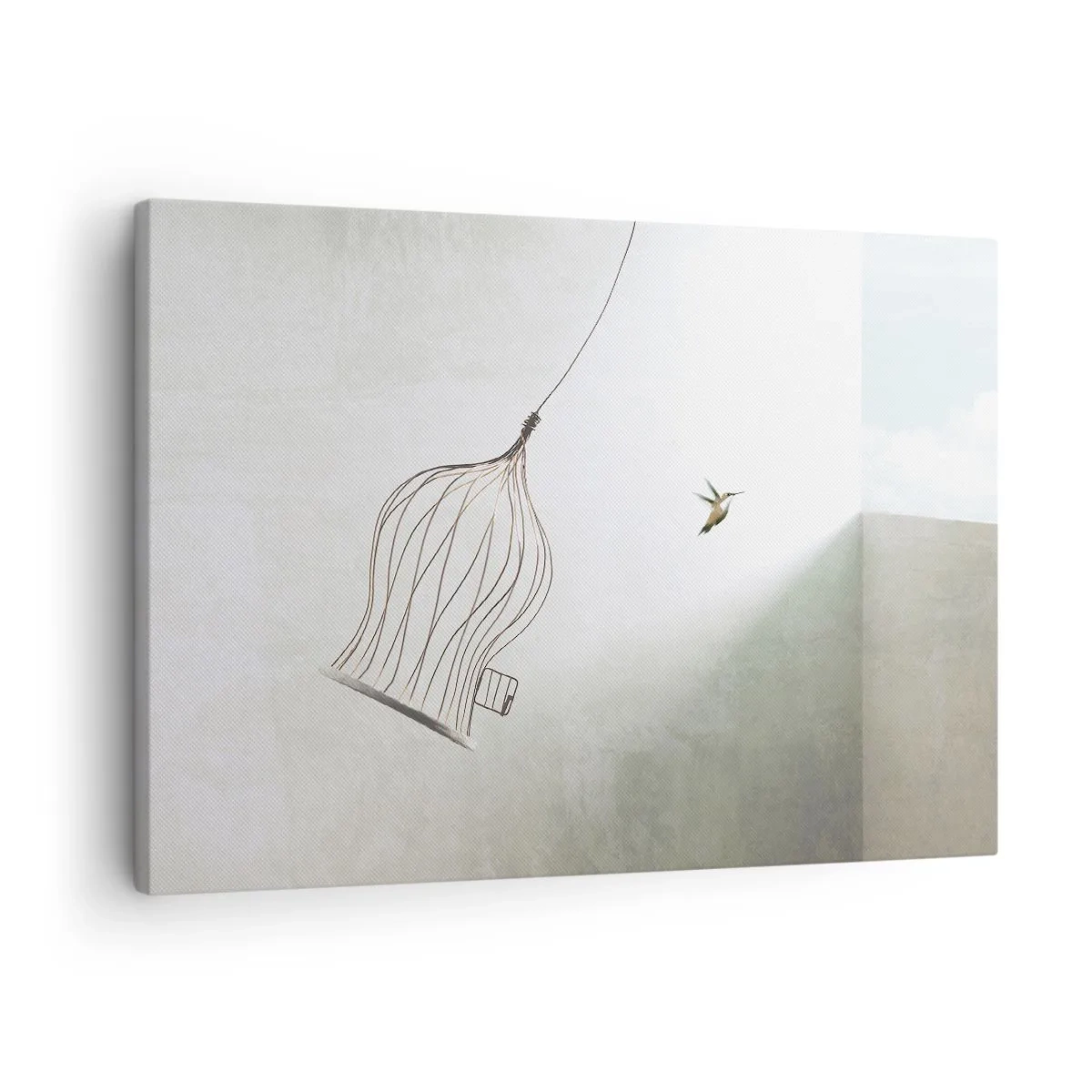 Schilderen op canvas - Een vogel bevrijd uit een kooi tegen de achtergrond van een heldere lucht - 70x50cm - In je element - Moderne wanddecoratie voor woonkamer en slaapkamer ARTTOR