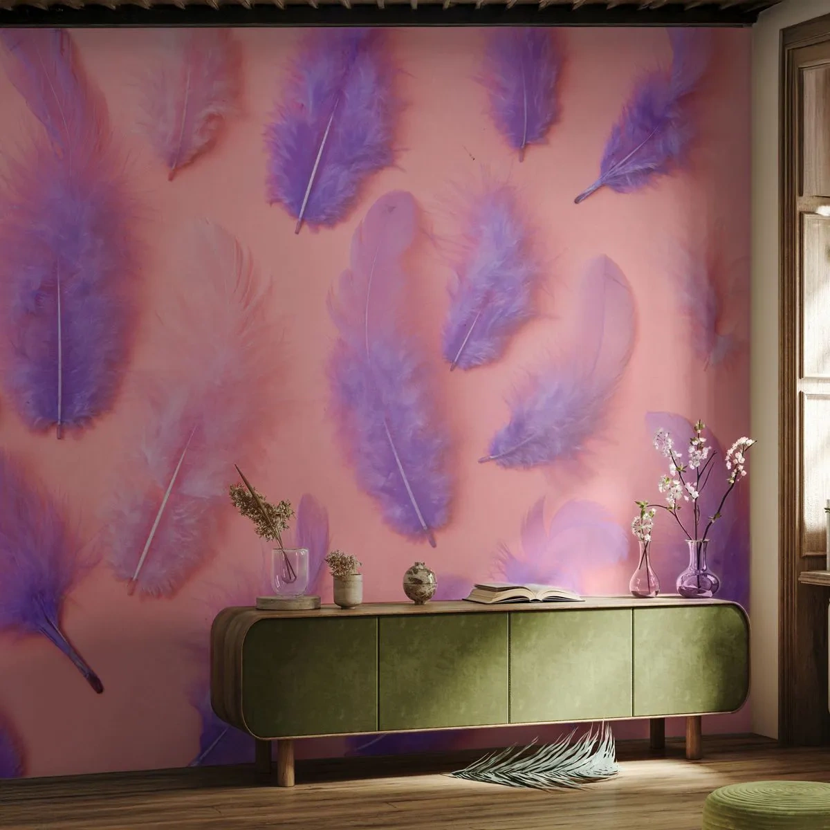Fotobehang Premium Canvas - Lila vogel van verlangen - Vogelveer, Inspiratie, Grafisch - 250x175 cm