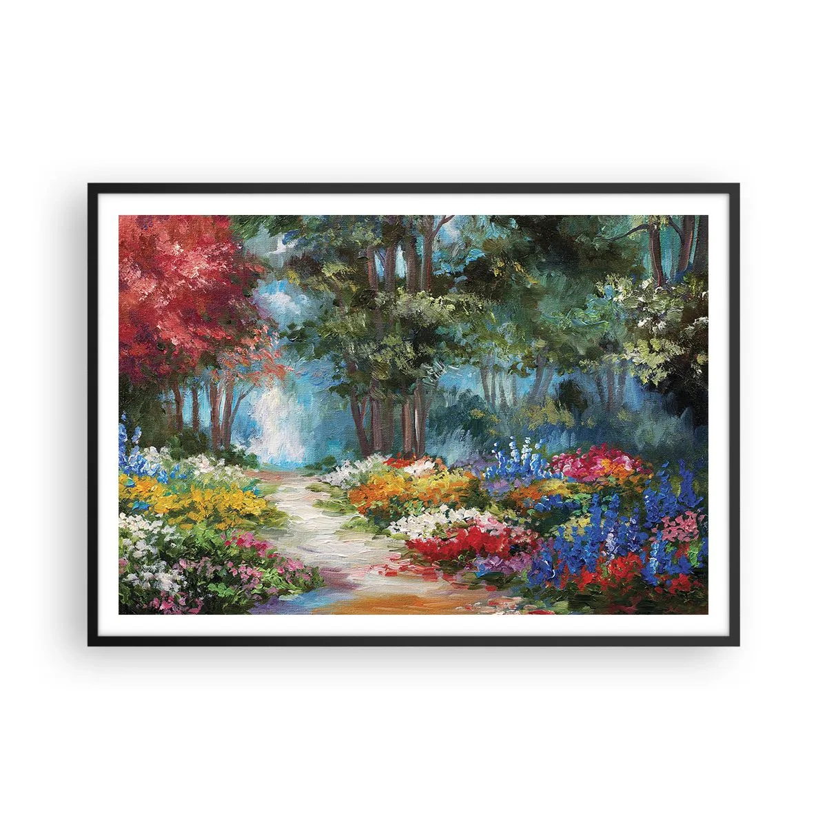 Poster in een zwarte lijst - Bostuin, bloemenbos - 100x70 cm