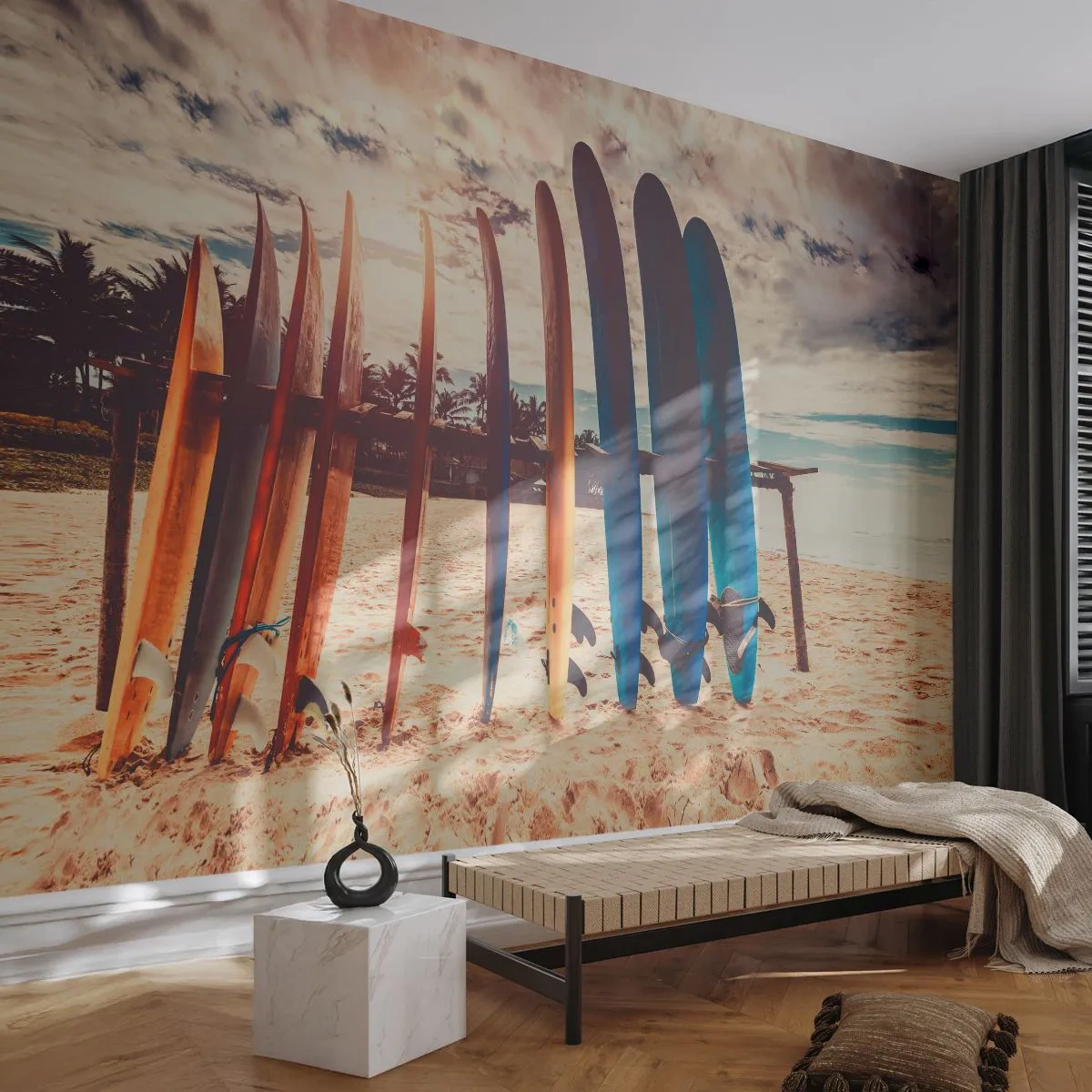 Fotobehang Premium Sand - Weltrusten, zie je morgen - Surfen, Landschap, Surfplank - 200x140 cm