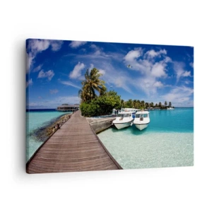 Schilderen op canvas - Een steiger boven een turquoise zee met boten en palmbomen - 70x50cm - Toch bestaat het paradijs - Moderne wanddecoratie voor woonkamer en slaapkamer ARTTOR