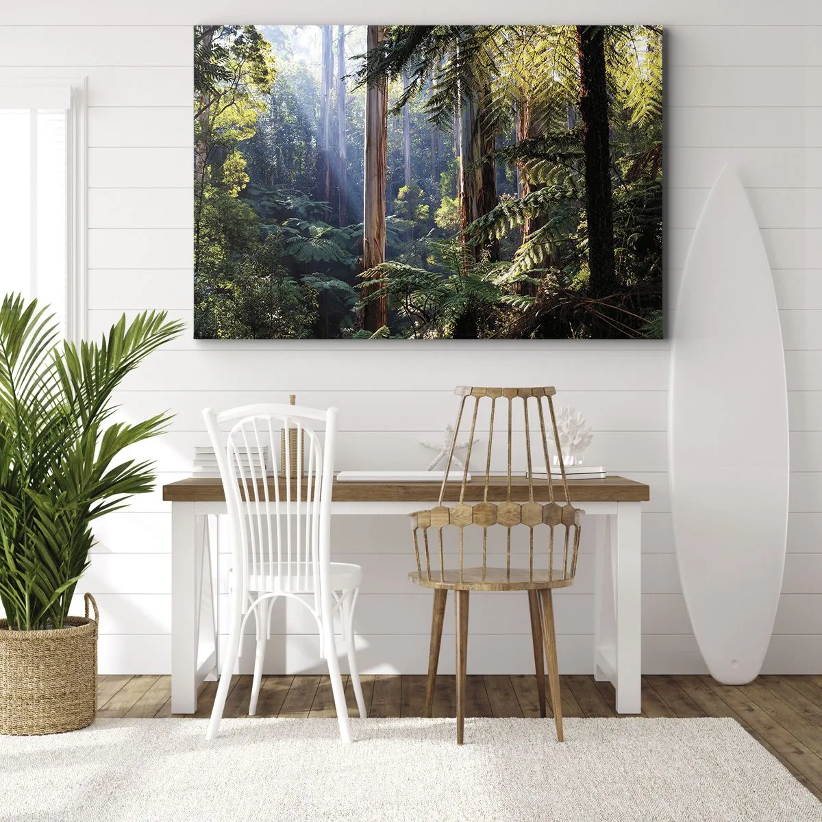 Schilderen op canvas - Tropisch bos verlicht door de zonnestralen - 70x50cm - Een bossprookje - Moderne wanddecoratie voor woonkamer en slaapkamer ARTTOR