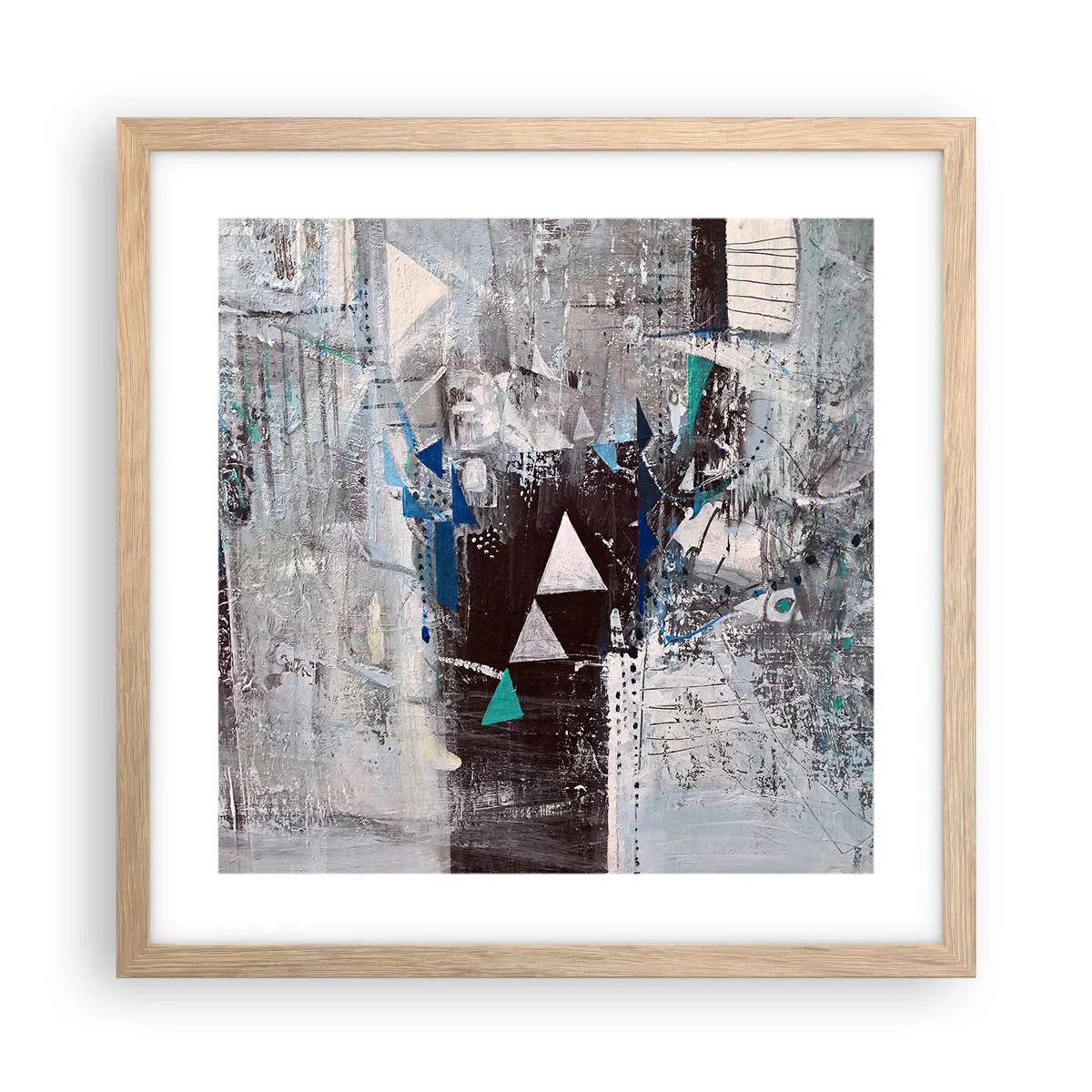 Een poster in een licht eiken lijst - Overschrijvende volgorde van driehoeken - 40x40 cm