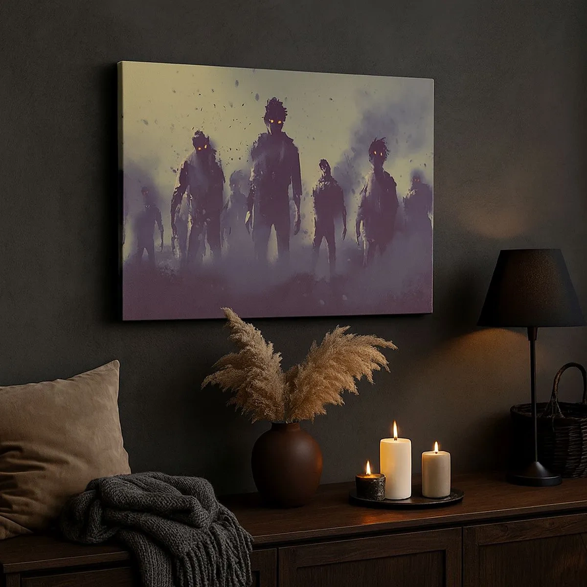 Schilderen op canvas - Donkere scène met silhouetten met gele ogen - 70x50cm - Wees voorzichtig! Ze komen er aan - Moderne wanddecoratie voor woonkamer en slaapkamer ARTTOR