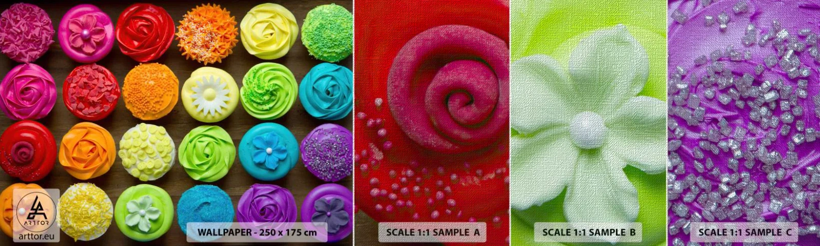 Fotobehang Monster Premium Canvas - Elk anders - allemaal lekker - Gastronomie, kleurrijke koekjes, 3D - 100x30 cm