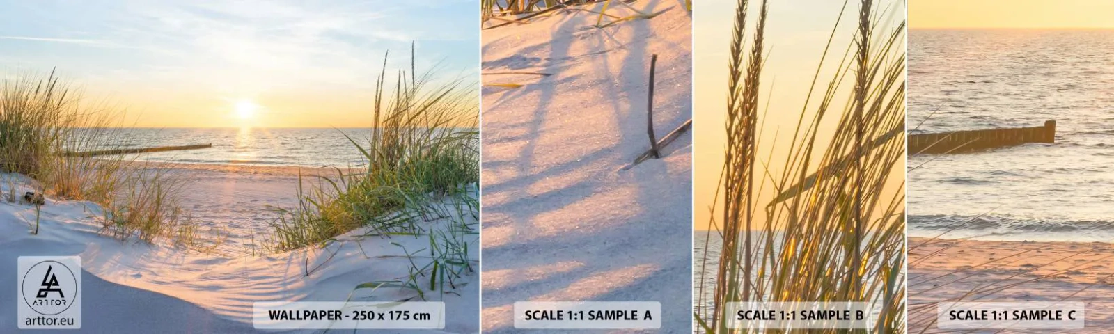 Fotobehang Staaltje Standard Eco - Het geluid van de zee, het zingen van vogels, een wild strand tussen het gras... - Landschap, Zee, Duinen - 100x30 cm