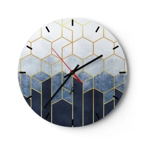 Wandklok - Klok - Geometrisch kubuspatroon in tinten blauw en goud - 30x30cm - Compositie in een gesyncopeerd ritme - Moderne wanddecoratie voor woonkamer, keuken en slaapkamer ARTTOR